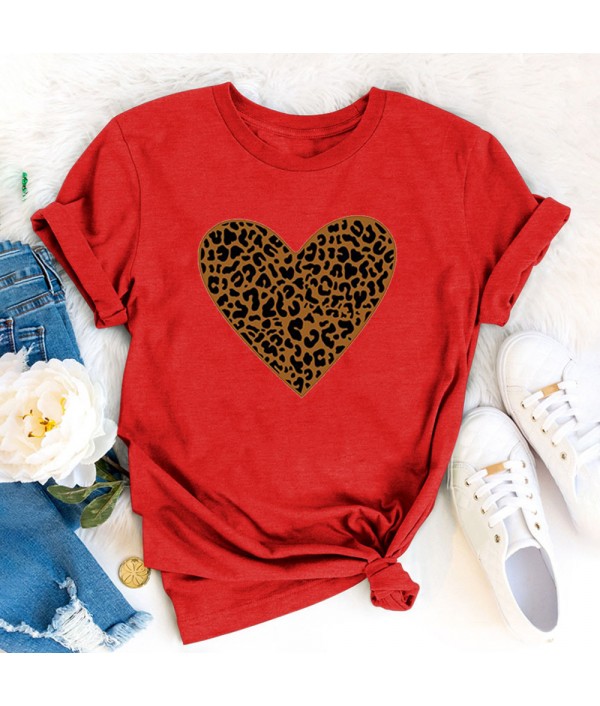 Women Fashion Heart Leopard Print Round Neck Short Sleeve T-Shirt