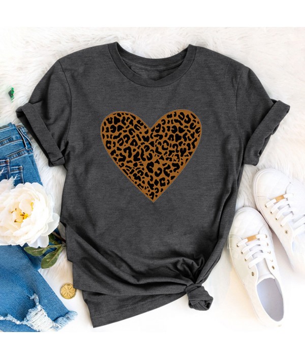 Women Fashion Heart Leopard Print Round Neck Short Sleeve T-Shirt