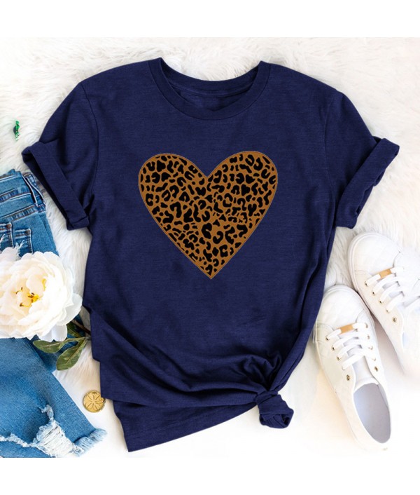 Women Fashion Heart Leopard Print Round Neck Short Sleeve T-Shirt