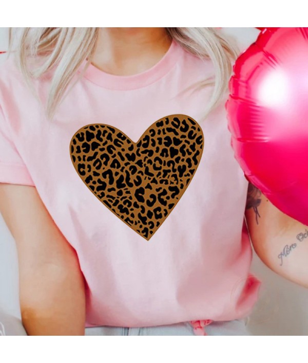 Women Fashion Heart Leopard Print Round Neck Short Sleeve T-Shirt