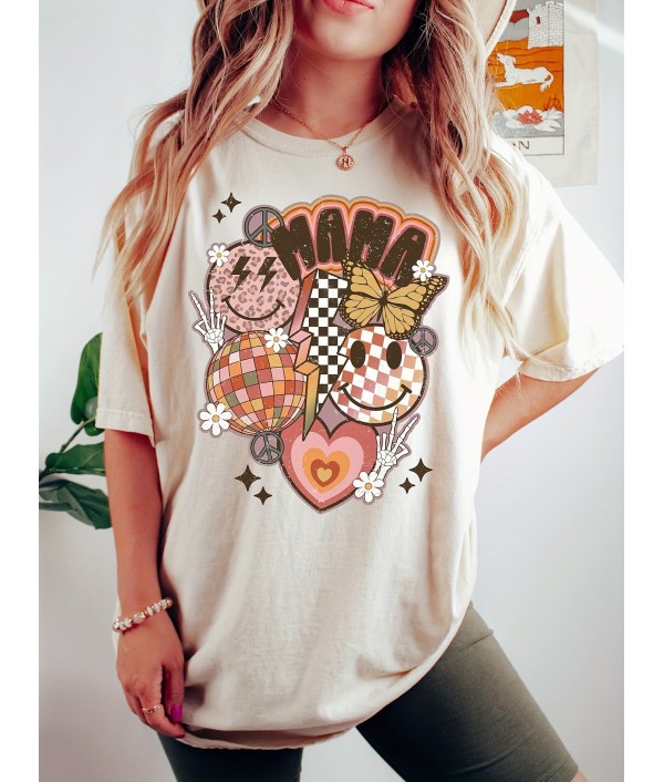 Women Fashion Smiley Heart Letter Print Round Neck Short Sleeve T-Shirt