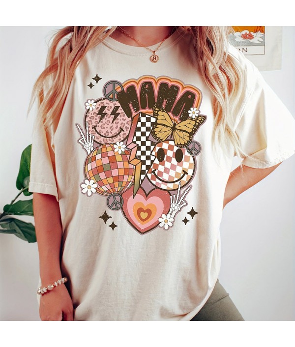 Women Fashion Smiley Heart Letter Print Round Neck Short Sleeve T-Shirt