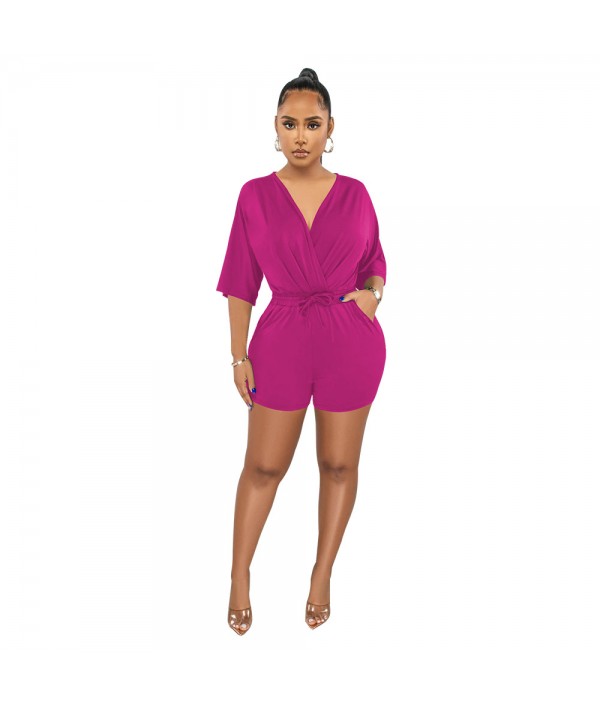 Women Fashion Solid Color V-Neck Tight Waist Rompers