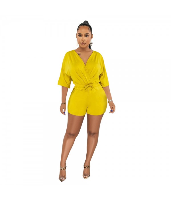 Women Fashion Solid Color V-Neck Tight Waist Rompers