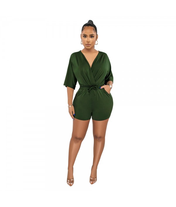 Women Fashion Solid Color V-Neck Tight Waist Rompers