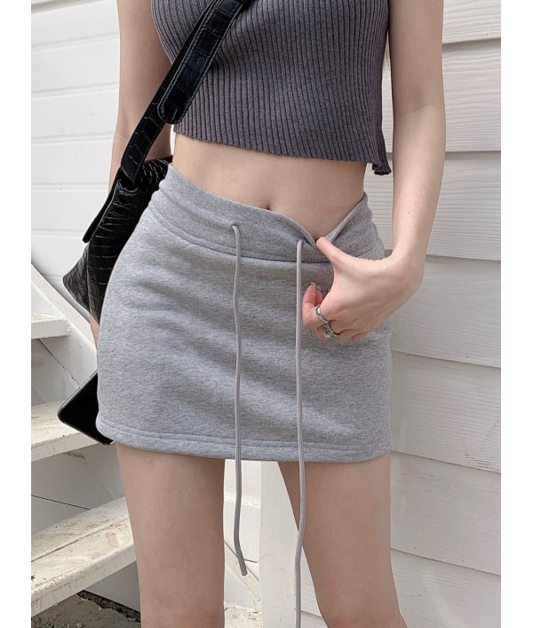 Women Simple Solid Color Drawstring Skirt