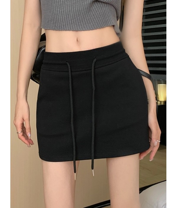 Women Simple Solid Color Drawstring Skirt