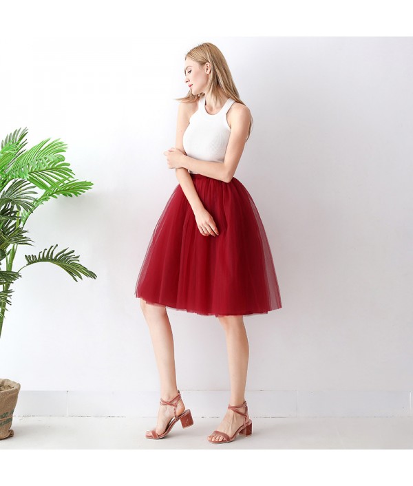 Women Fashion Solid Color High Waist Mesh Tutu Skirt