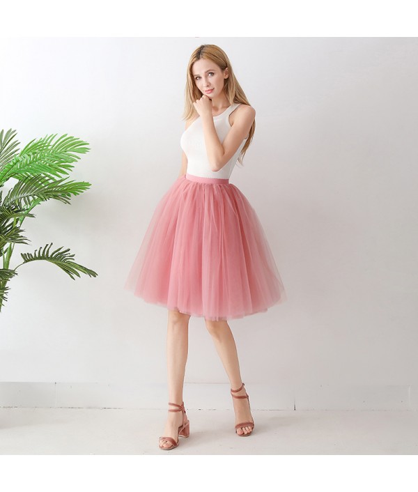 Women Fashion Solid Color High Waist Mesh Tutu Skirt