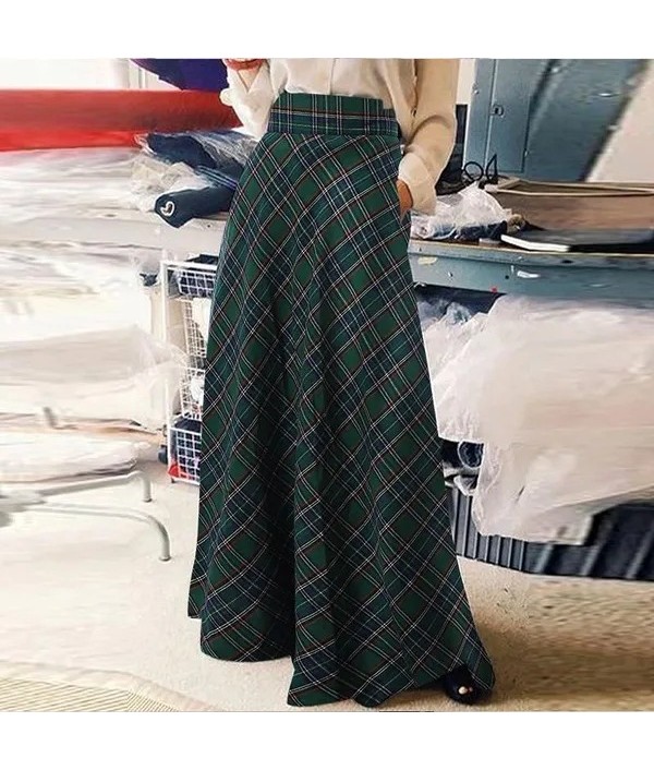 Women Vintage Plaid Print High Waist Maxi Skirt