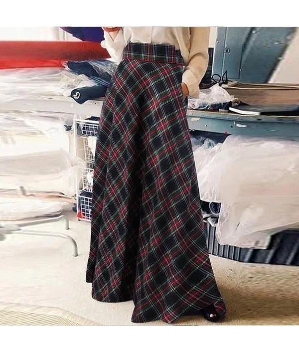 Women Vintage Plaid Print High Waist Maxi Skirt