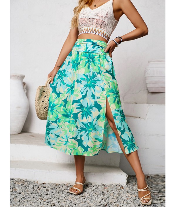 Women Casual Floral-Print Side Split Skirt