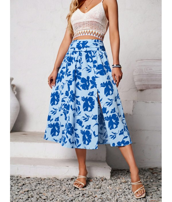 Women Casual Floral-Print Side Split Skirt