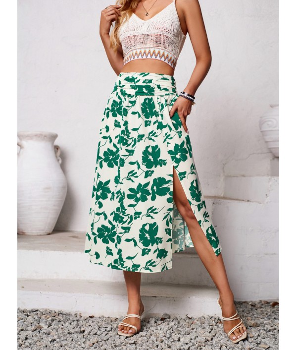 Women Casual Floral-Print Side Split Skirt