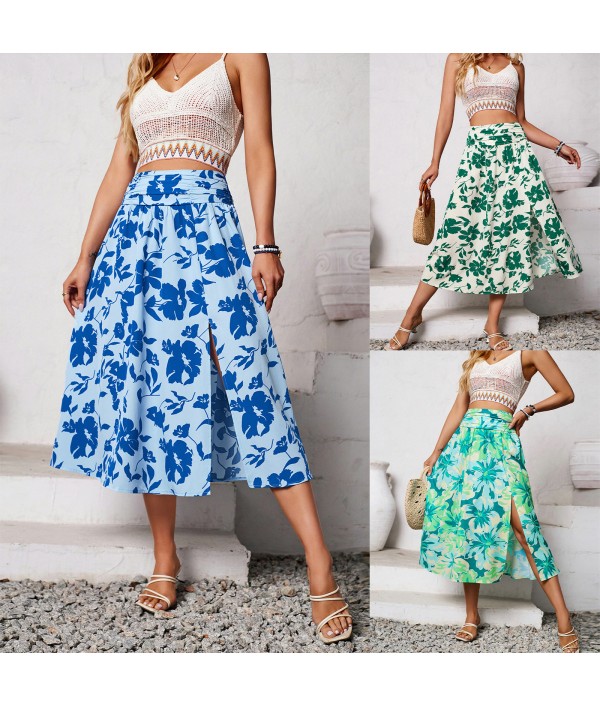 Women Casual Floral-Print Side Split Skirt