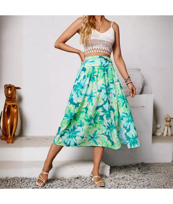 Women Casual Floral-Print Side Split Skirt