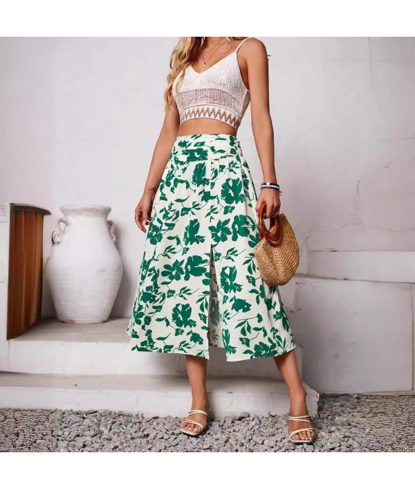 Women Casual Floral-Print Side Split Skirt