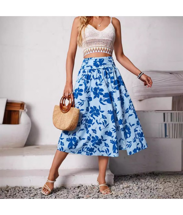 Women Casual Floral-Print Side Split Skirt