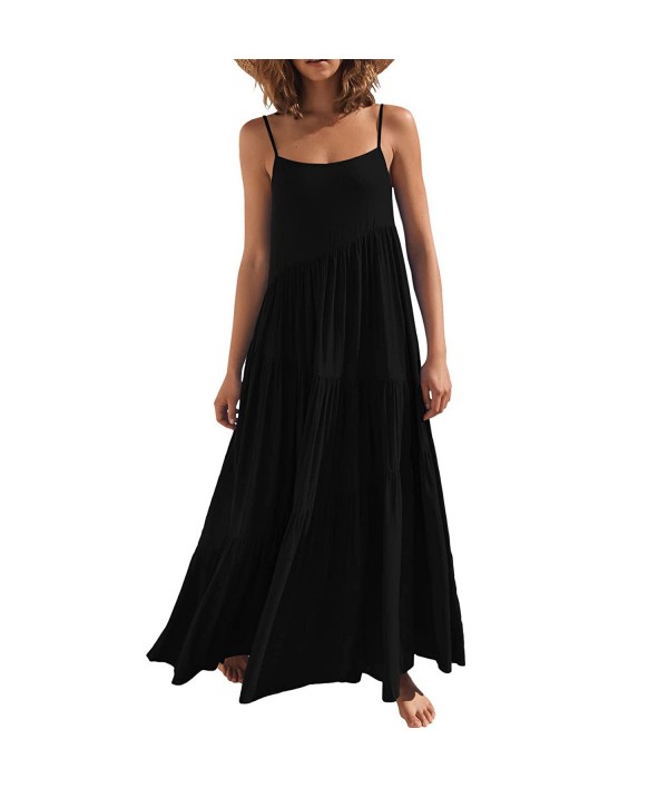 Summer Women Casual Solid Color Creased Loose Sling Maxi Dress