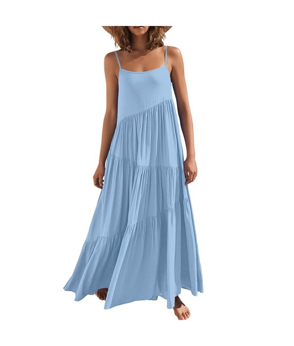 Summer Women Casual Solid Color Creased Loose Sling Maxi Dress