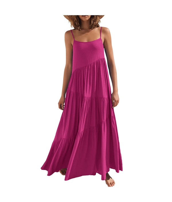 Summer Women Casual Solid Color Creased Loose Sling Maxi Dress