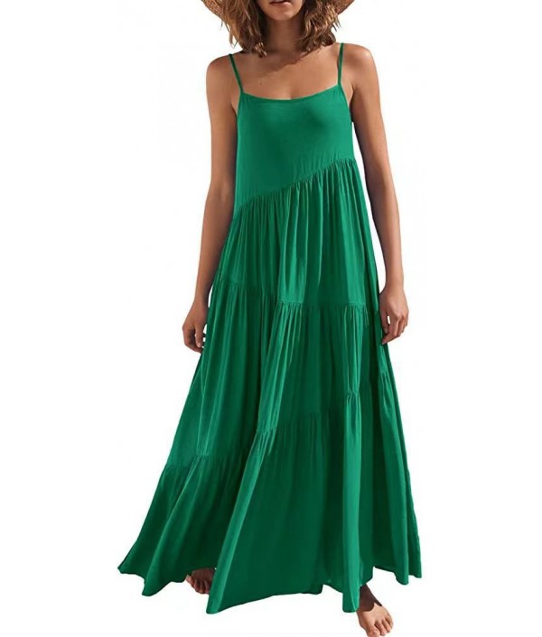 Summer Women Casual Solid Color Creased Loose Sling Maxi Dress