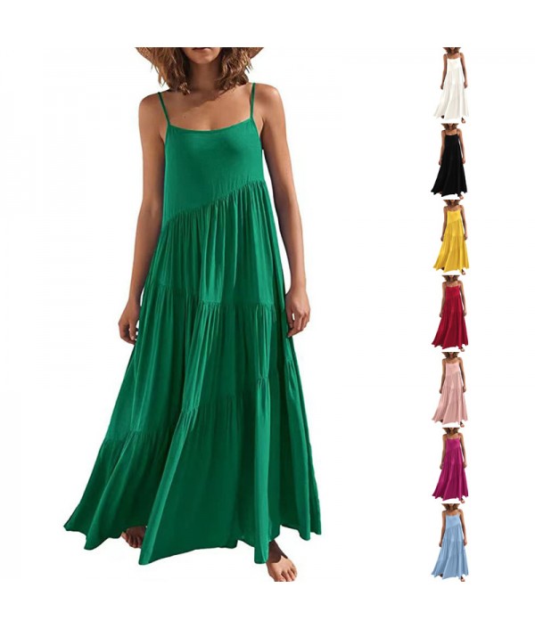 Summer Women Casual Solid Color Creased Loose Sling Maxi Dress