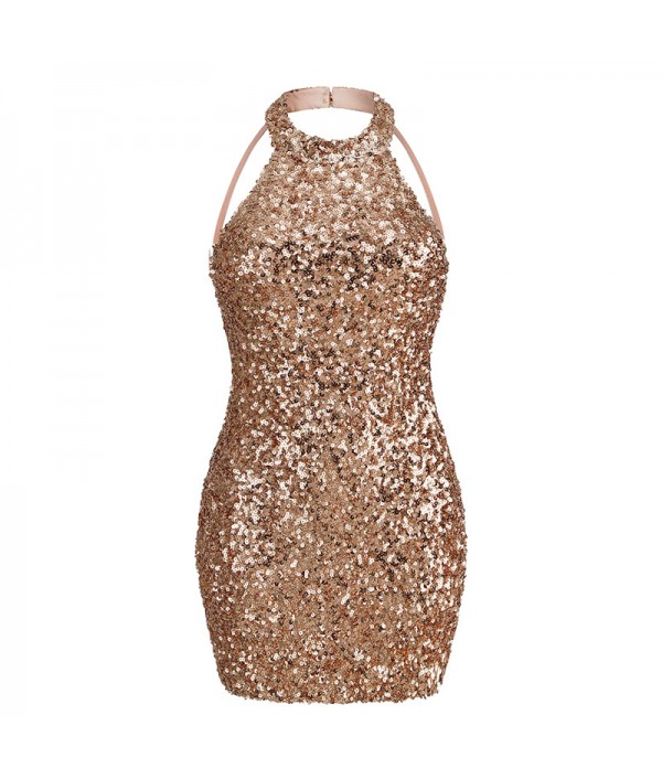 Women Sexy Backless Halter Sequin Party Dress