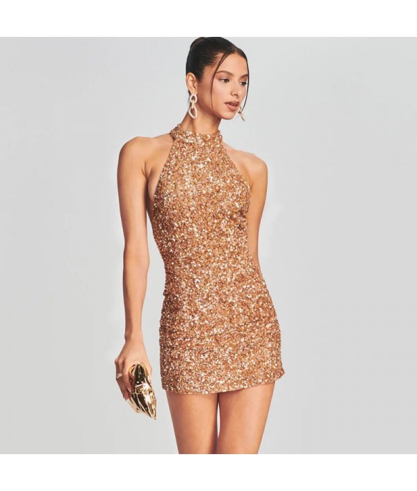 Women Sexy Backless Halter Sequin Party Dress