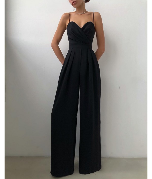 Women Elegant Solid Color Strap Wide Leg Jumpsuits