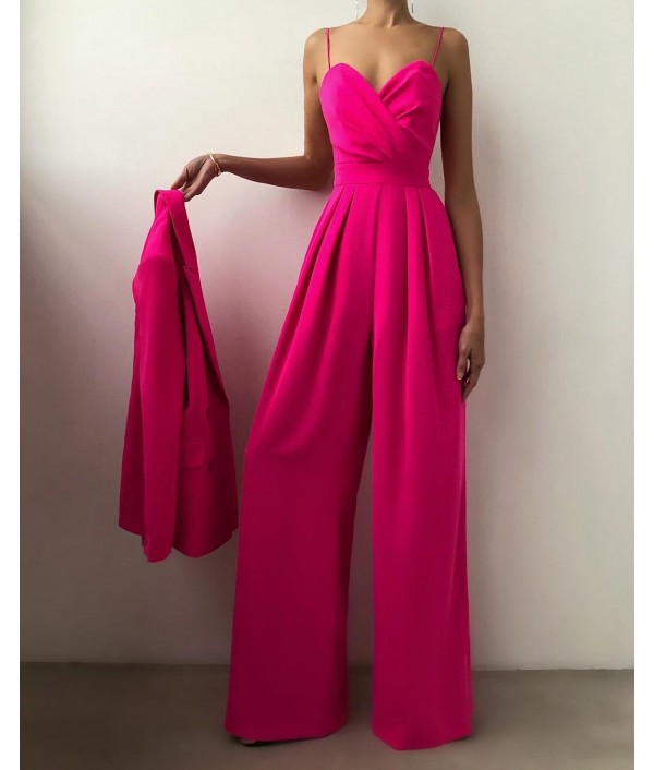 Women Elegant Solid Color Strap Wide Leg Jumpsuits