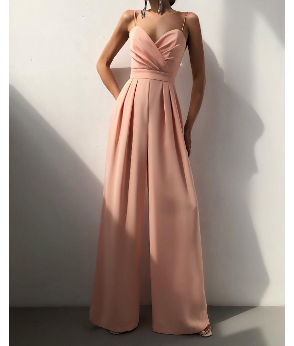 Women Elegant Solid Color Strap Wide Leg Jumpsuits