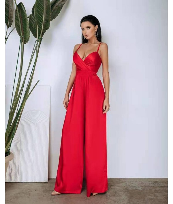 Women Elegant Solid Color Strap Wide Leg Jumpsuits