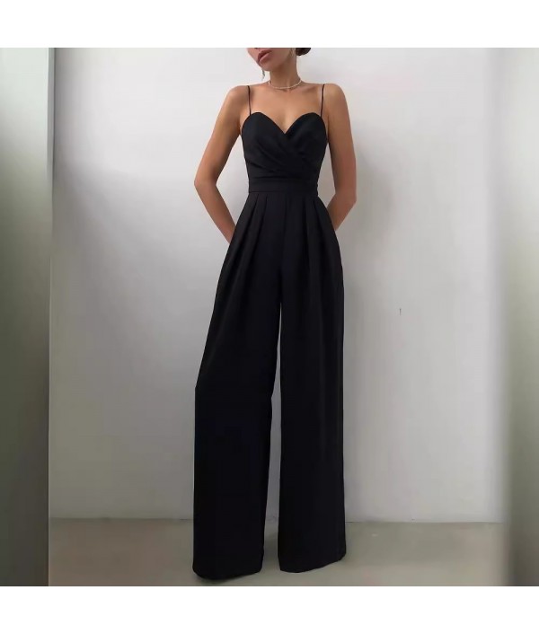 Women Elegant Solid Color Strap Wide Leg Jumpsuits