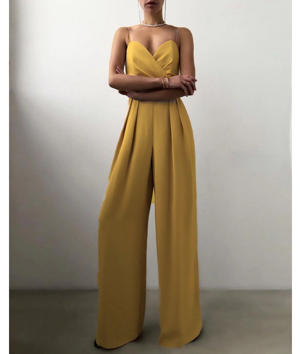 Women Elegant Solid Color Strap Wide Leg Jumpsuits