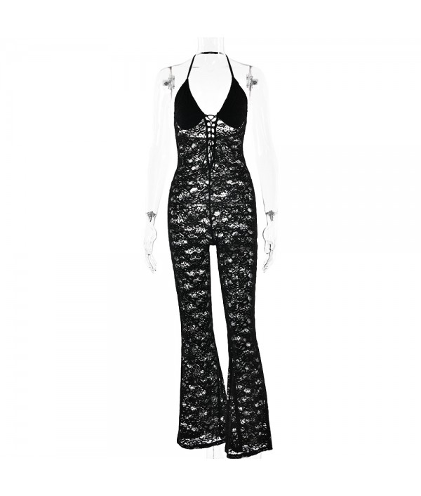 Women Sexy Lace Perspective Backless Neck Lace-Up Jumpsuits