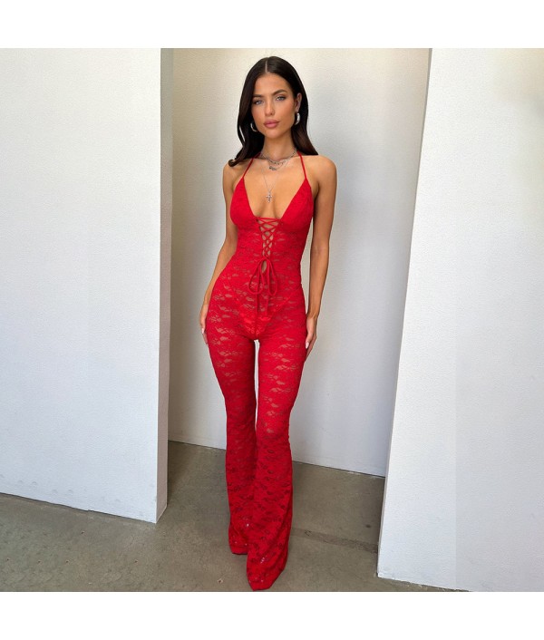 Women Sexy Lace Perspective Backless Neck Lace-Up Jumpsuits