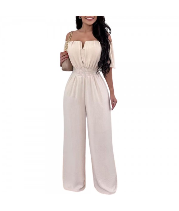 Women Fashion Solid Color Off-Shoulder Waist Loose Wide-Leg Jumpsuits