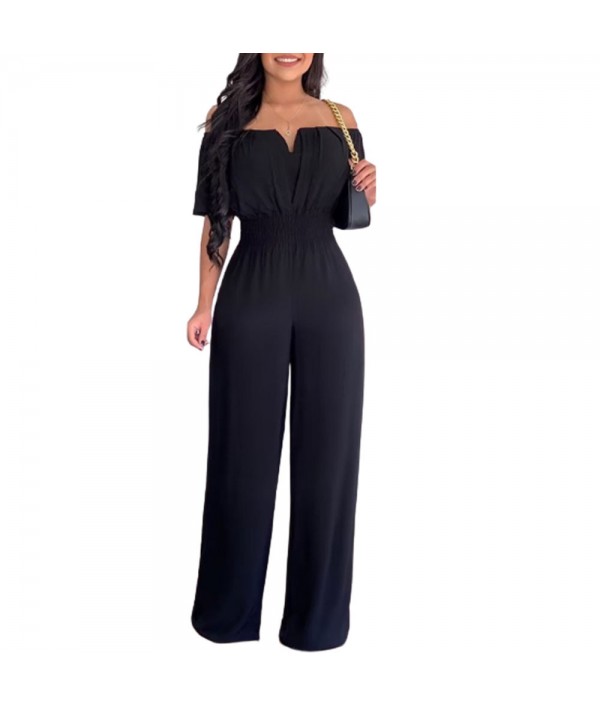 Women Fashion Solid Color Off-Shoulder Waist Loose Wide-Leg Jumpsuits