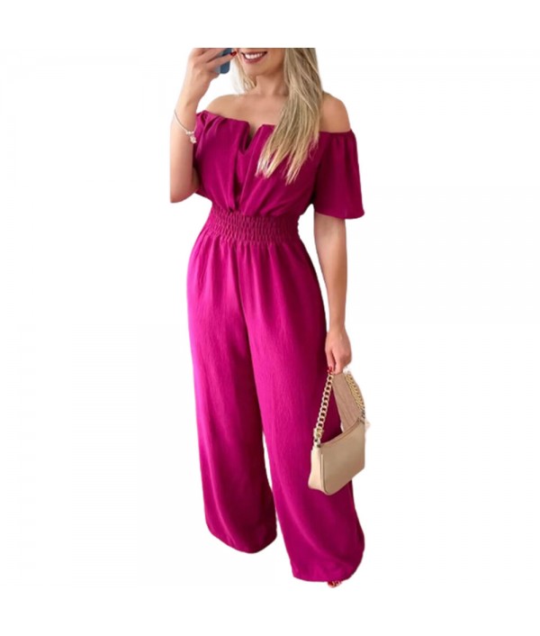 Women Fashion Solid Color Off-Shoulder Waist Loose Wide-Leg Jumpsuits