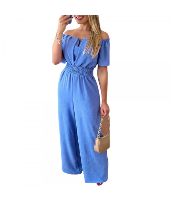 Women Fashion Solid Color Off-Shoulder Waist Loose Wide-Leg Jumpsuits