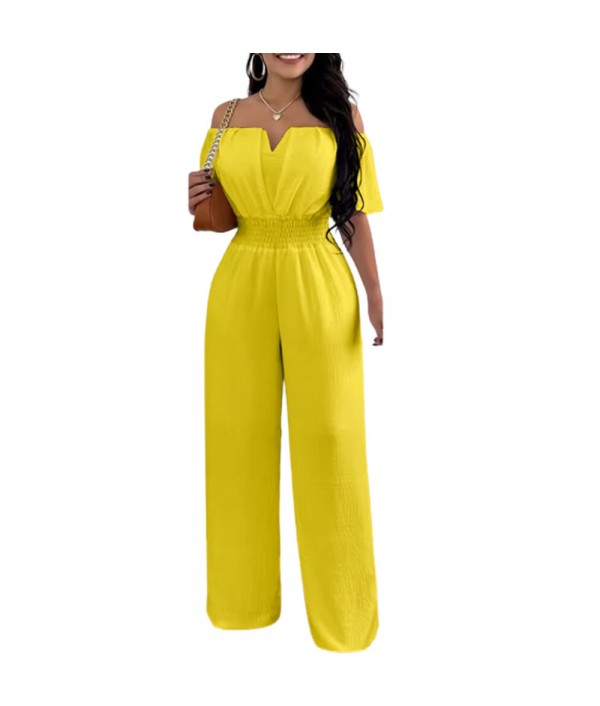 Women Fashion Solid Color Off-Shoulder Waist Loose Wide-Leg Jumpsuits