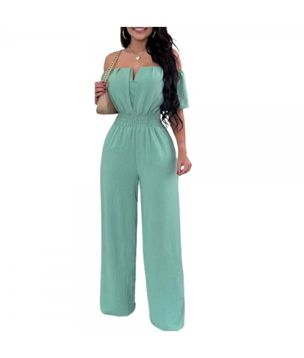 Women Fashion Solid Color Off-Shoulder Waist Loose Wide-Leg Jumpsuits