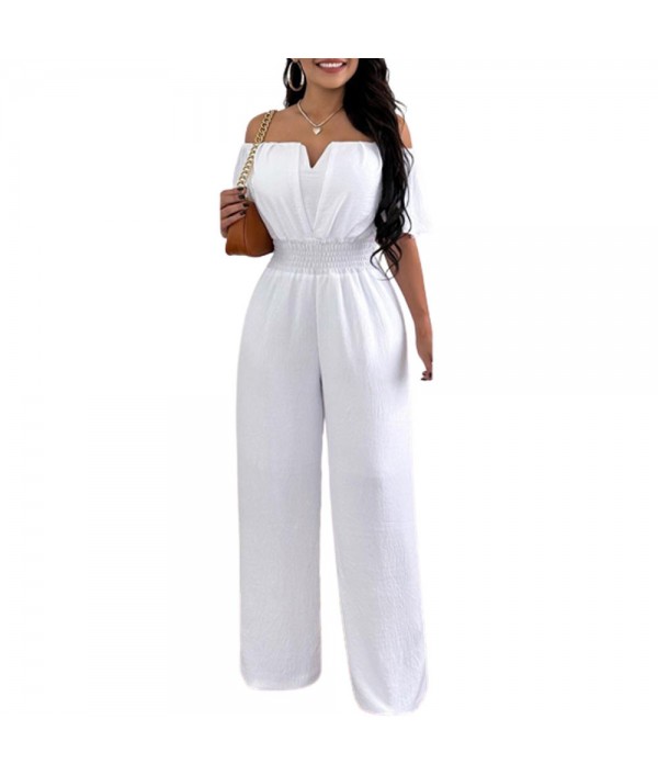 Women Fashion Solid Color Off-Shoulder Waist Loose Wide-Leg Jumpsuits