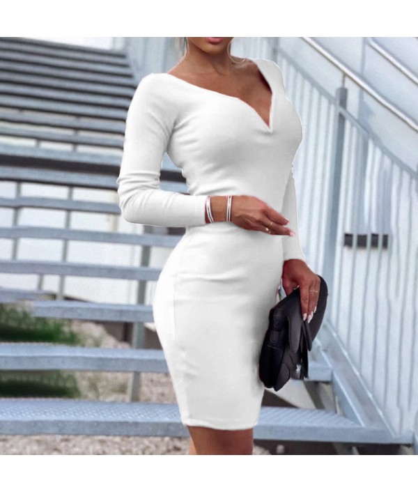 Autumn And Winter Women V-Neck Elegant Solid Color Long Sleeve Dress