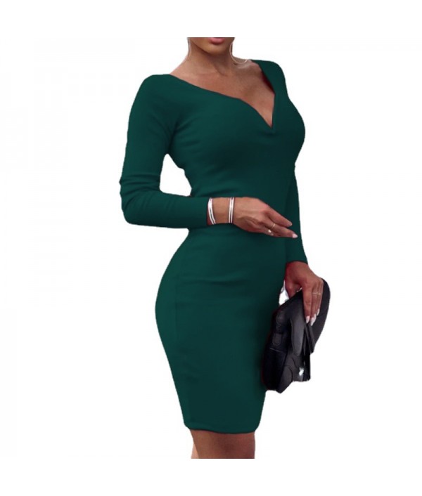 Autumn And Winter Women V-Neck Elegant Solid Color Long Sleeve Dress