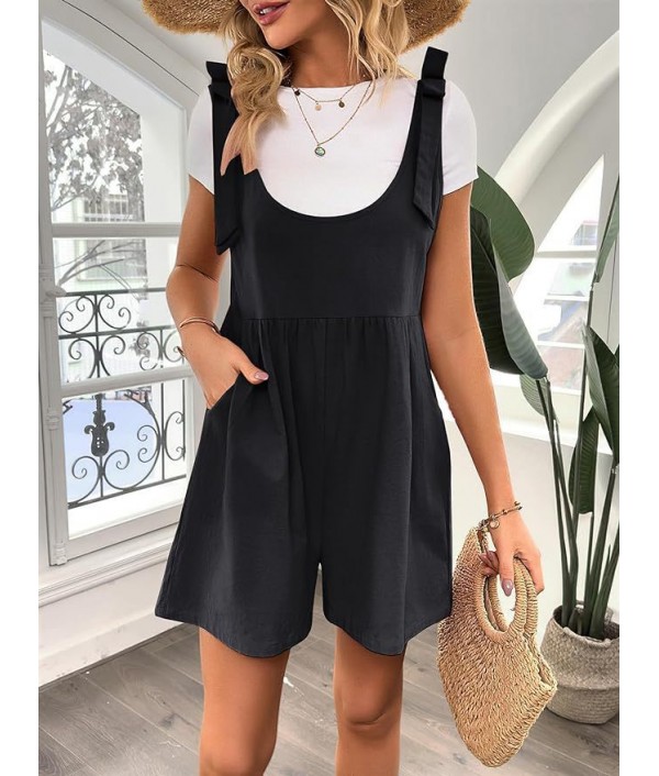 Summer Women Casual Solid Color Cotton Linen Pocket Rompers