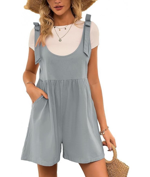 Summer Women Casual Solid Color Cotton Linen Pocket Rompers