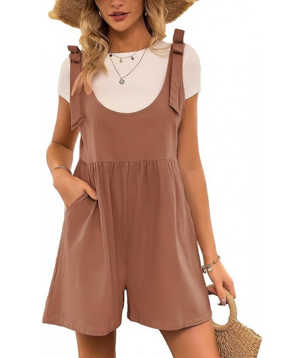 Summer Women Casual Solid Color Cotton Linen Pocket Rompers