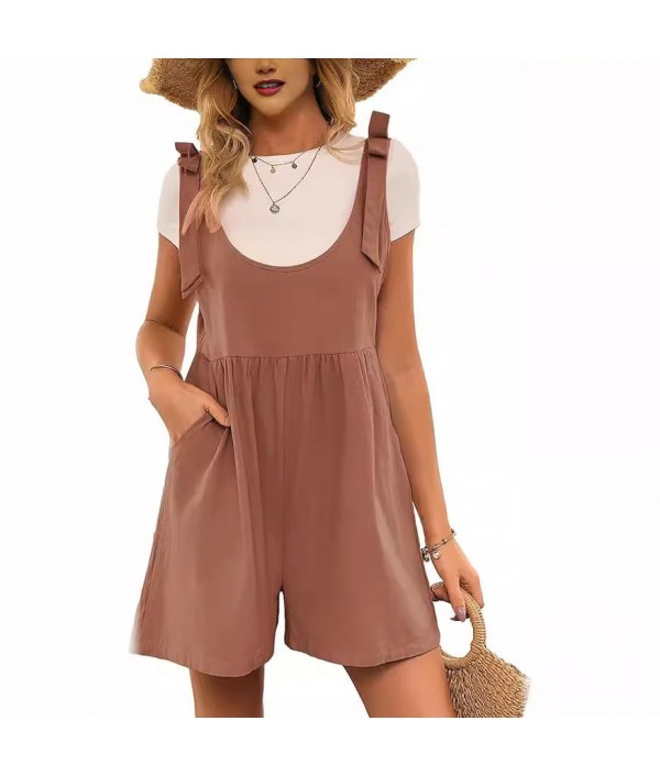 Summer Women Casual Solid Color Cotton Linen Pocket Rompers